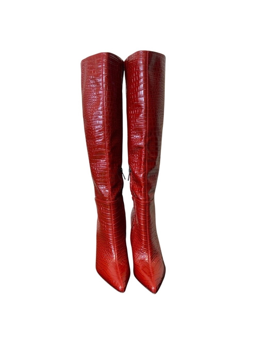 Sam Edelman Red Croc-Embossed Leather Heeled Boots - Picture 5 of 8